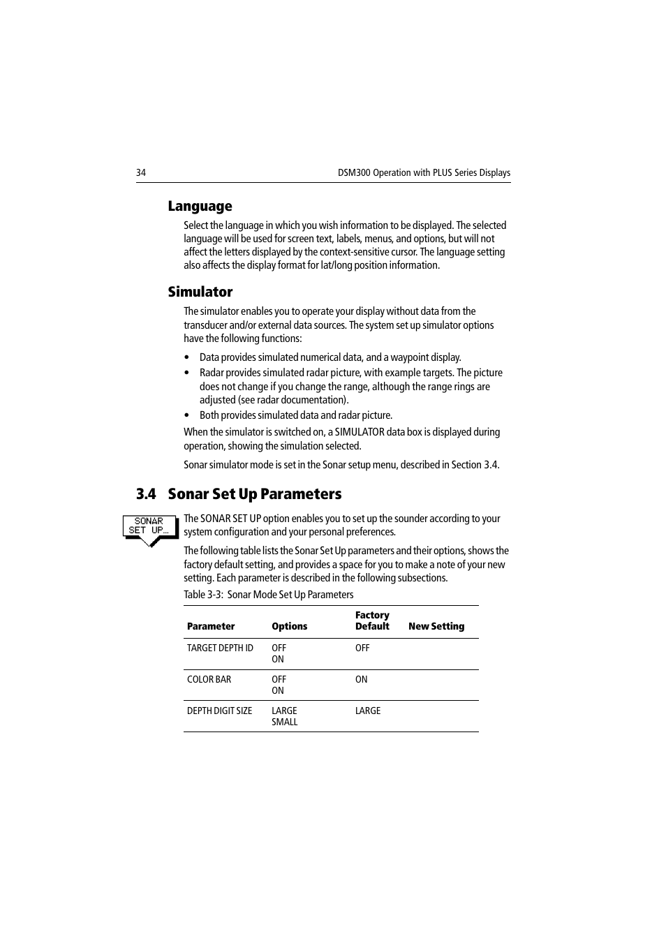Language, Simulator, 4 sonar set up parameters | Language simulator | Raymarine DSM300 User Manual | Page 34 / 82