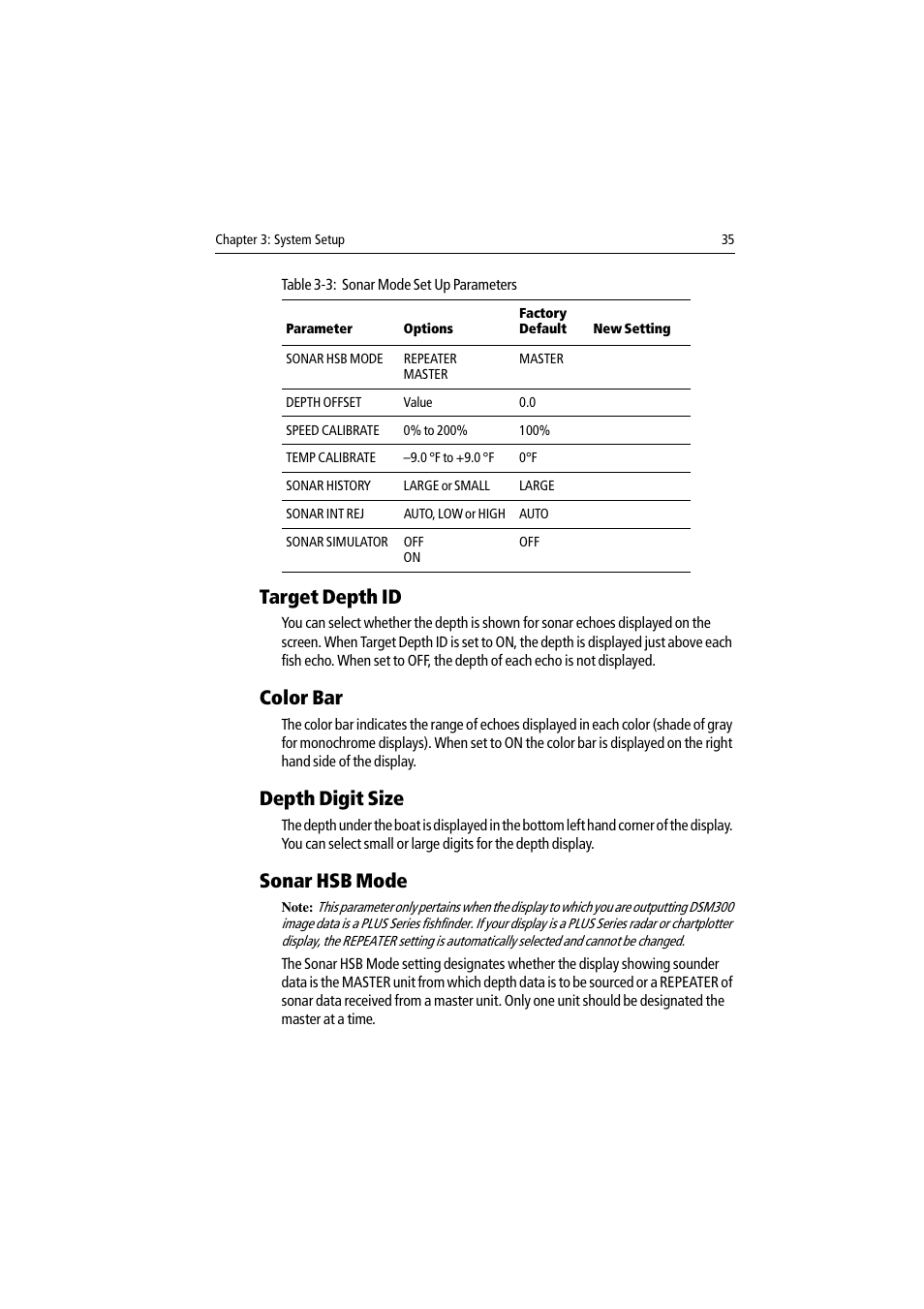 Target depth id, Color bar, Depth digit size | Sonar hsb mode | Raymarine DSM300 User Manual | Page 35 / 82