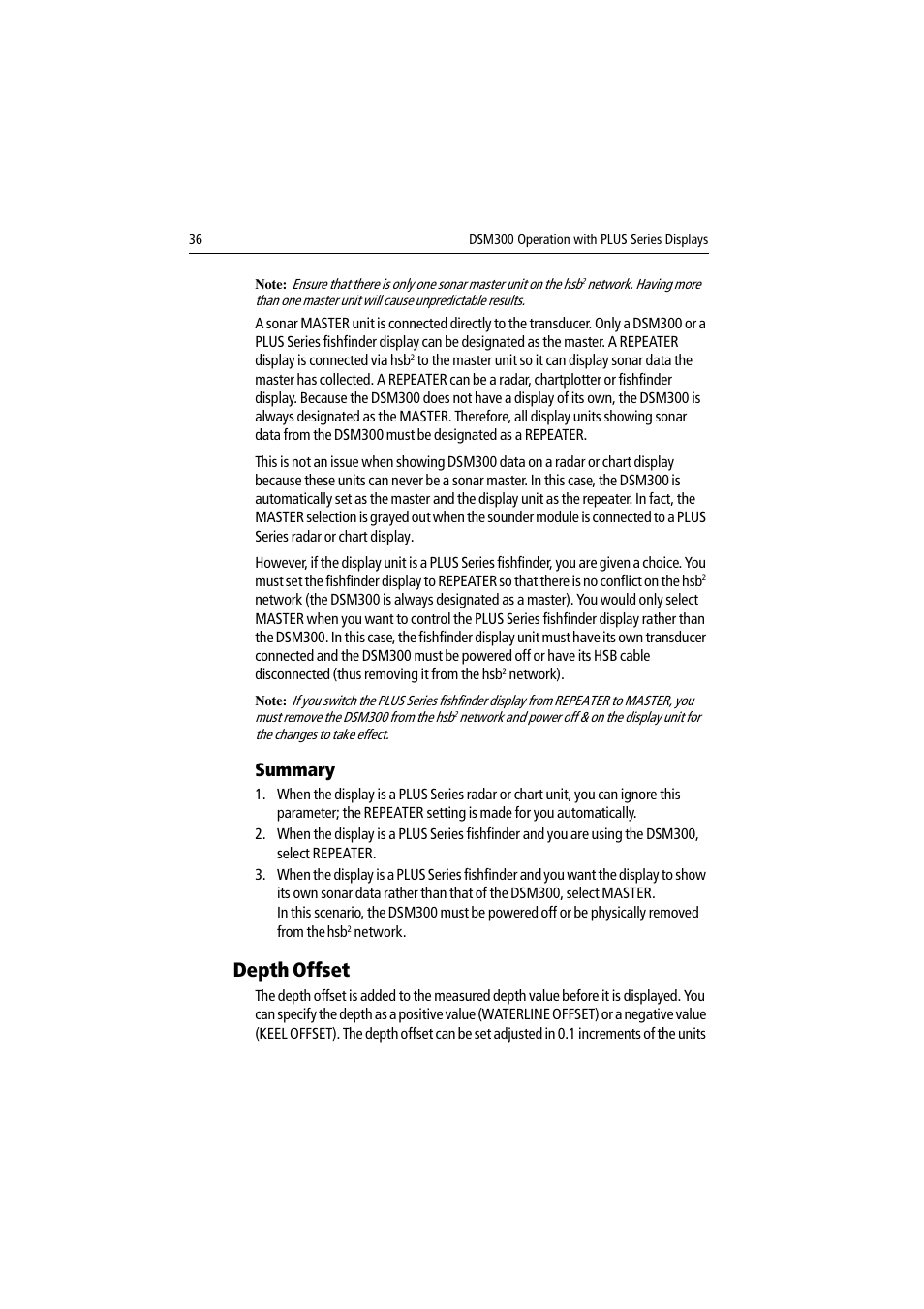 Depth offset, Summary | Raymarine DSM300 User Manual | Page 36 / 82