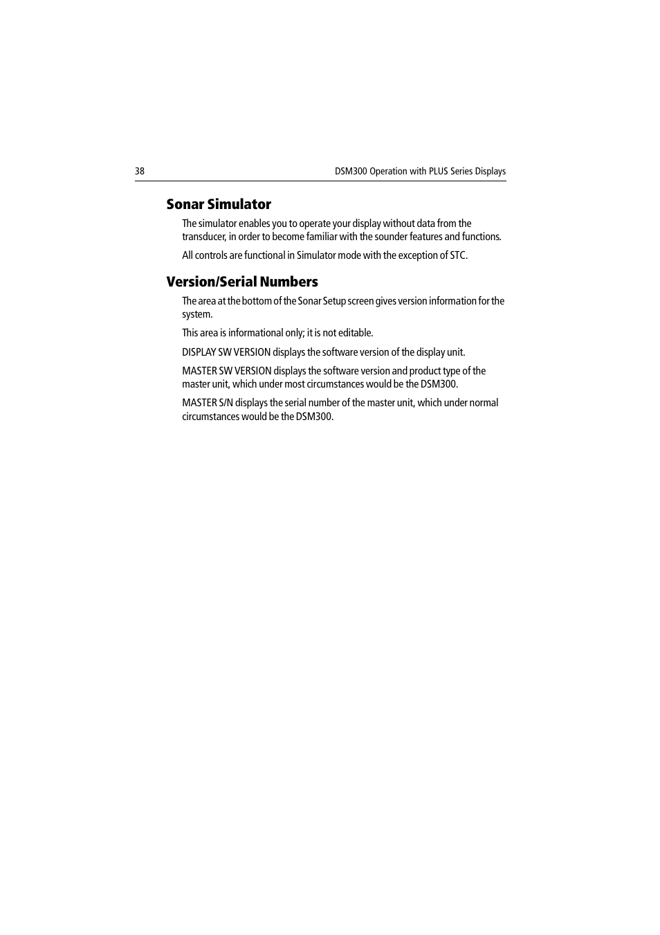 Sonar simulator, Version/serial numbers, Sonar simulator version/serial numbers | Raymarine DSM300 User Manual | Page 38 / 82