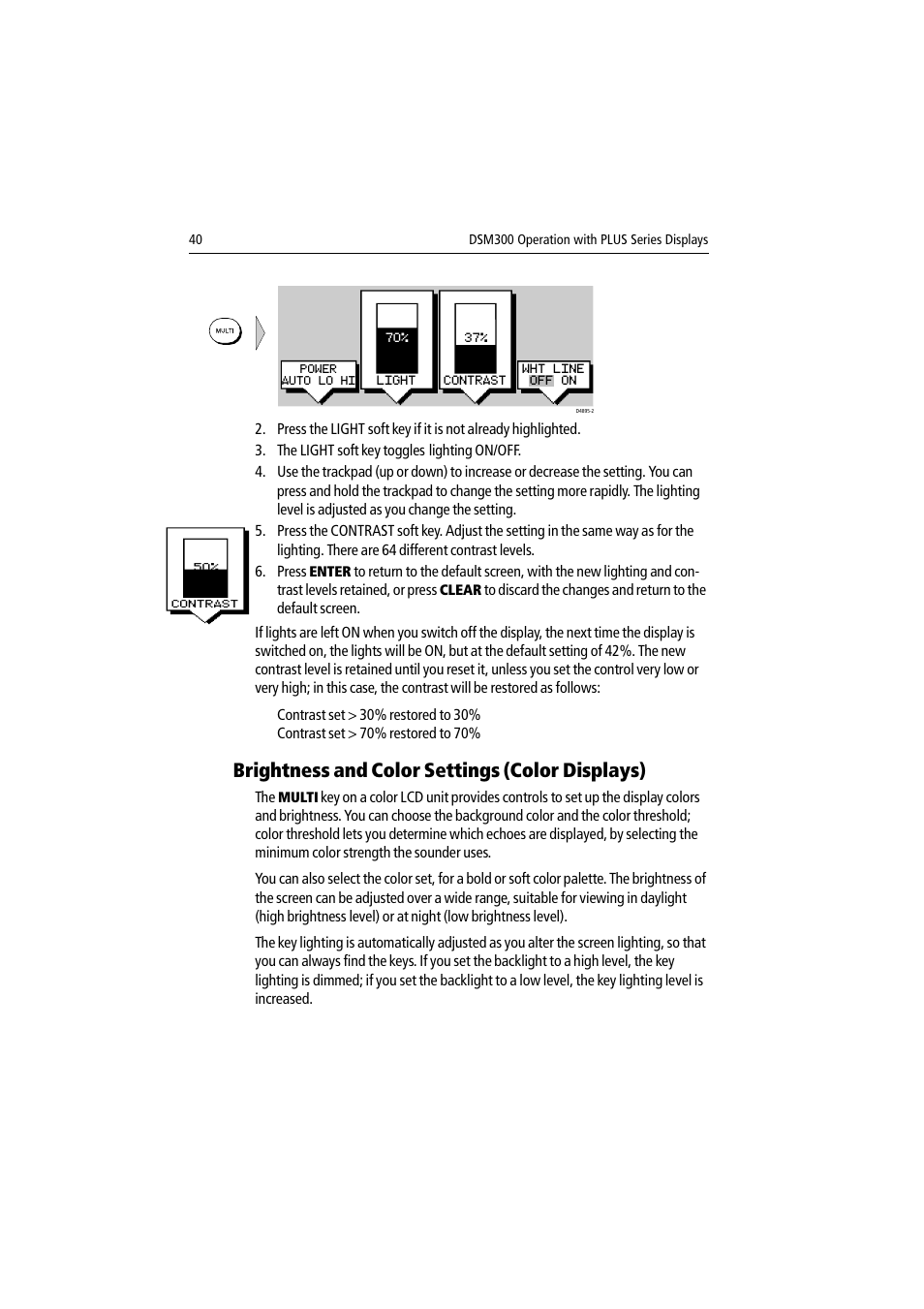 Brightness and color settings (color displays) | Raymarine DSM300 User Manual | Page 40 / 82