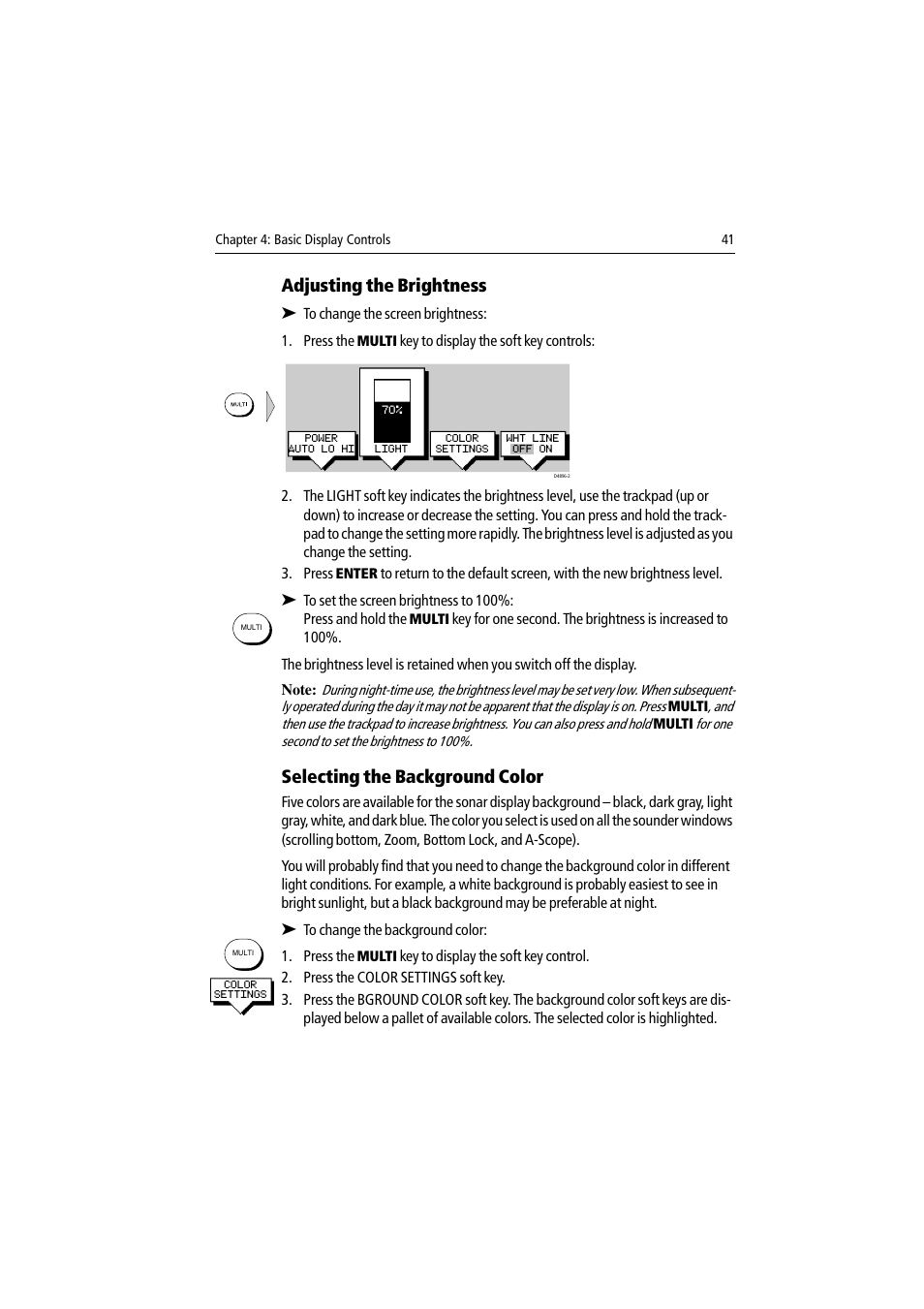 Adjusting the brightness, Selecting the background color | Raymarine DSM300 User Manual | Page 41 / 82