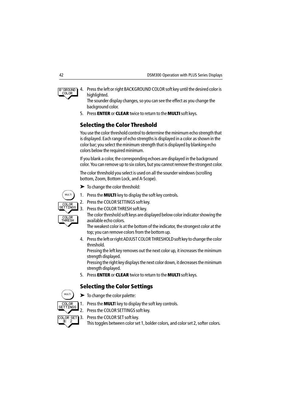 Selecting the color threshold, Selecting the color settings | Raymarine DSM300 User Manual | Page 42 / 82