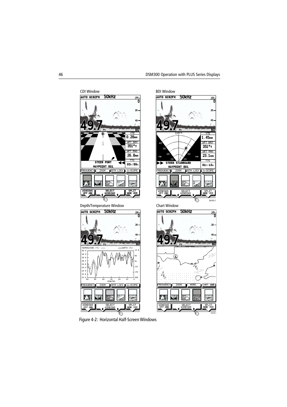 Figure 4-2: horizontal half-screen windows, 50khz, Cdi window bdi window | Depth/temperature window chart window | Raymarine DSM300 User Manual | Page 46 / 82