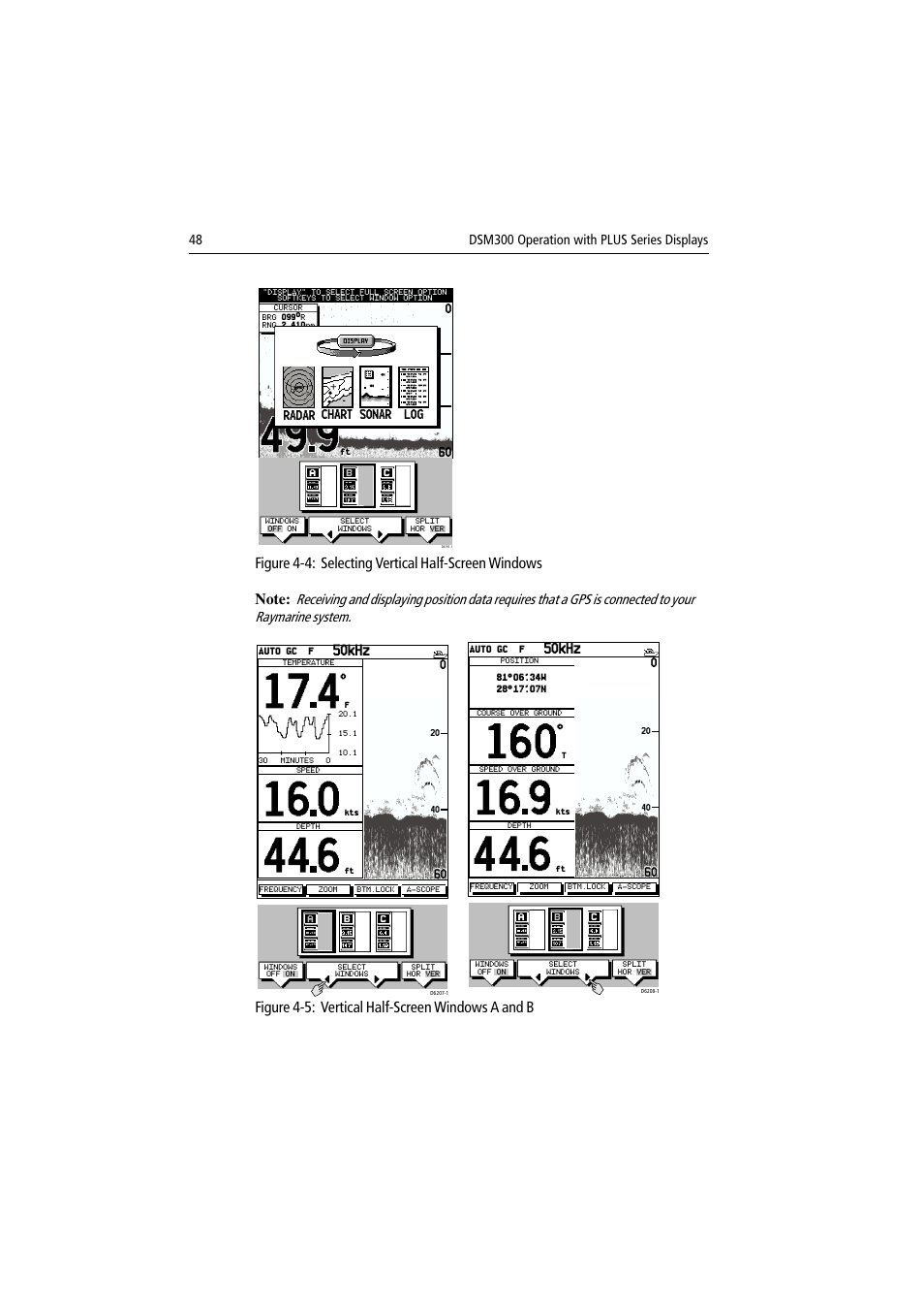 Figure 4-5: vertical half-screen windows a and b, 50khz, Chart sonar log radar | Raymarine DSM300 User Manual | Page 48 / 82