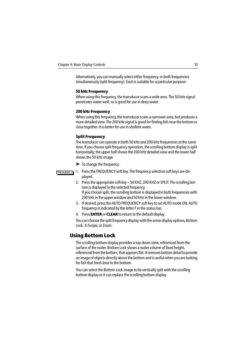 50 khz frequency, 200 khz frequency, Split frequency | Using bottom lock | Raymarine DSM300 User Manual | Page 55 / 82