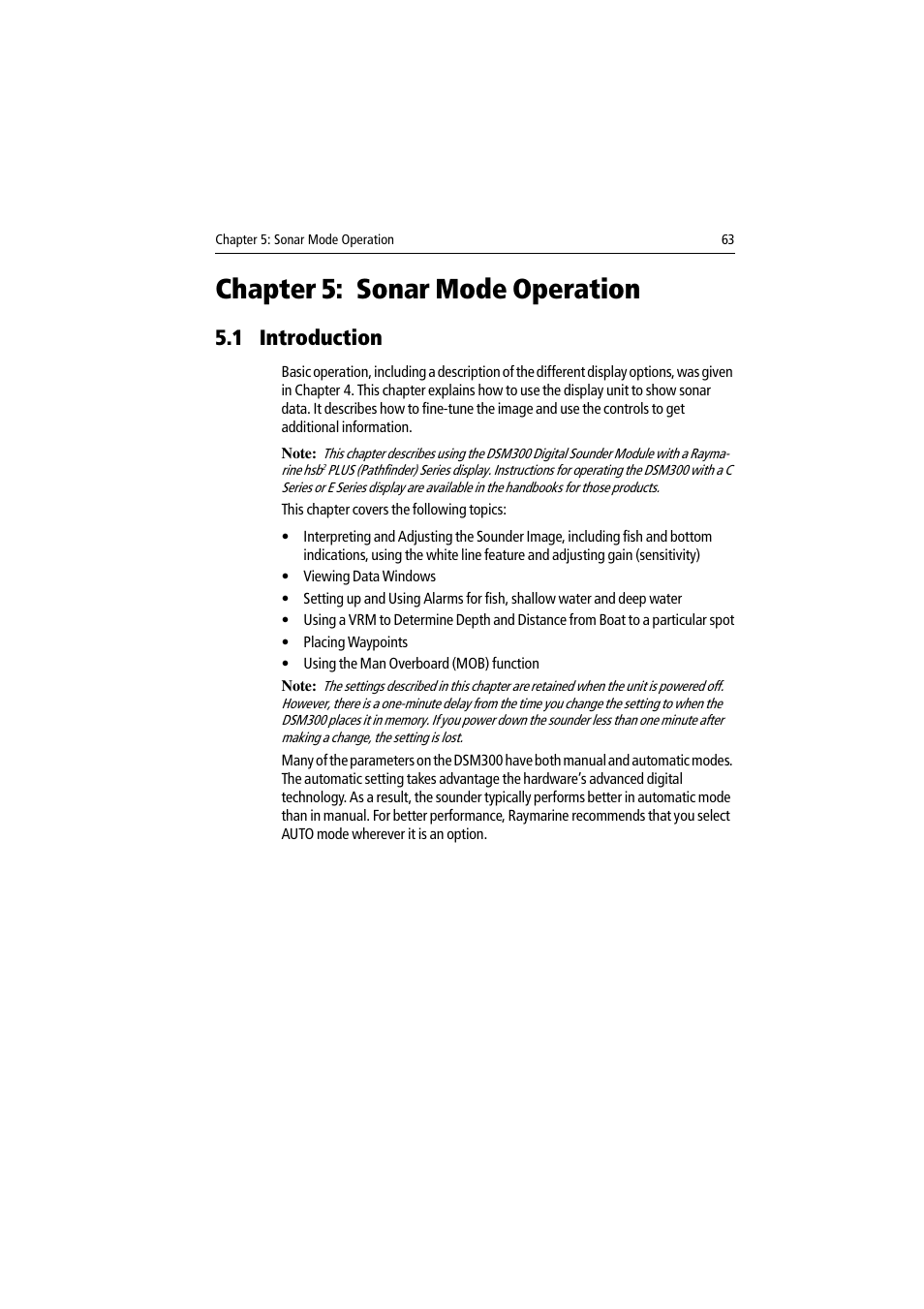 Chapter 5: sonar mode operation, 1 introduction, Chapter 5 pro | Raymarine DSM300 User Manual | Page 63 / 82