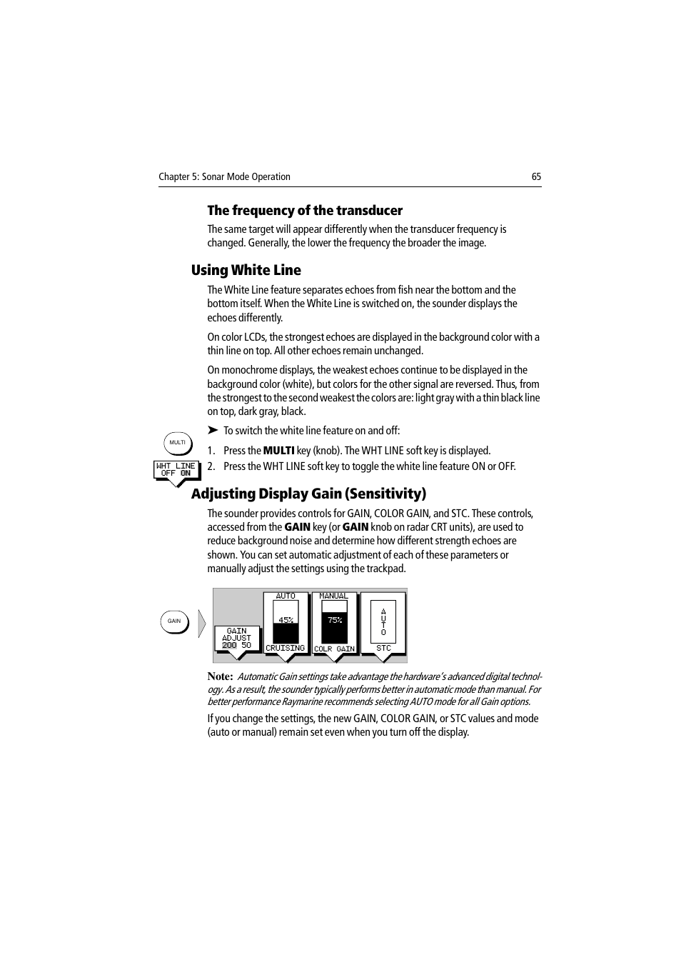 The frequency of the transducer, Using white line, Adjusting display gain (sensitivity) | Raymarine DSM300 User Manual | Page 65 / 82