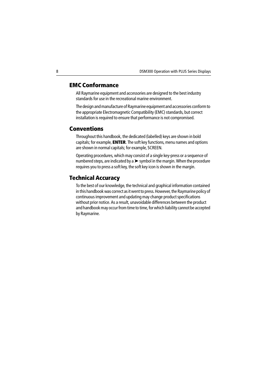 Emc conformance, Conventions, Technical accuracy | Emc conformance conventions technical accuracy | Raymarine DSM300 User Manual | Page 8 / 82