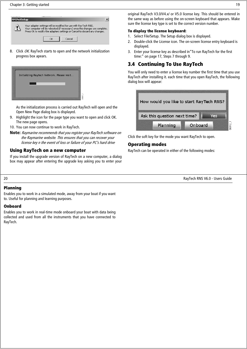 4 continuing to use raytech, Using raytech on a new computer, Operating modes | Raymarine Pathfinder User Manual | Page 15 / 111