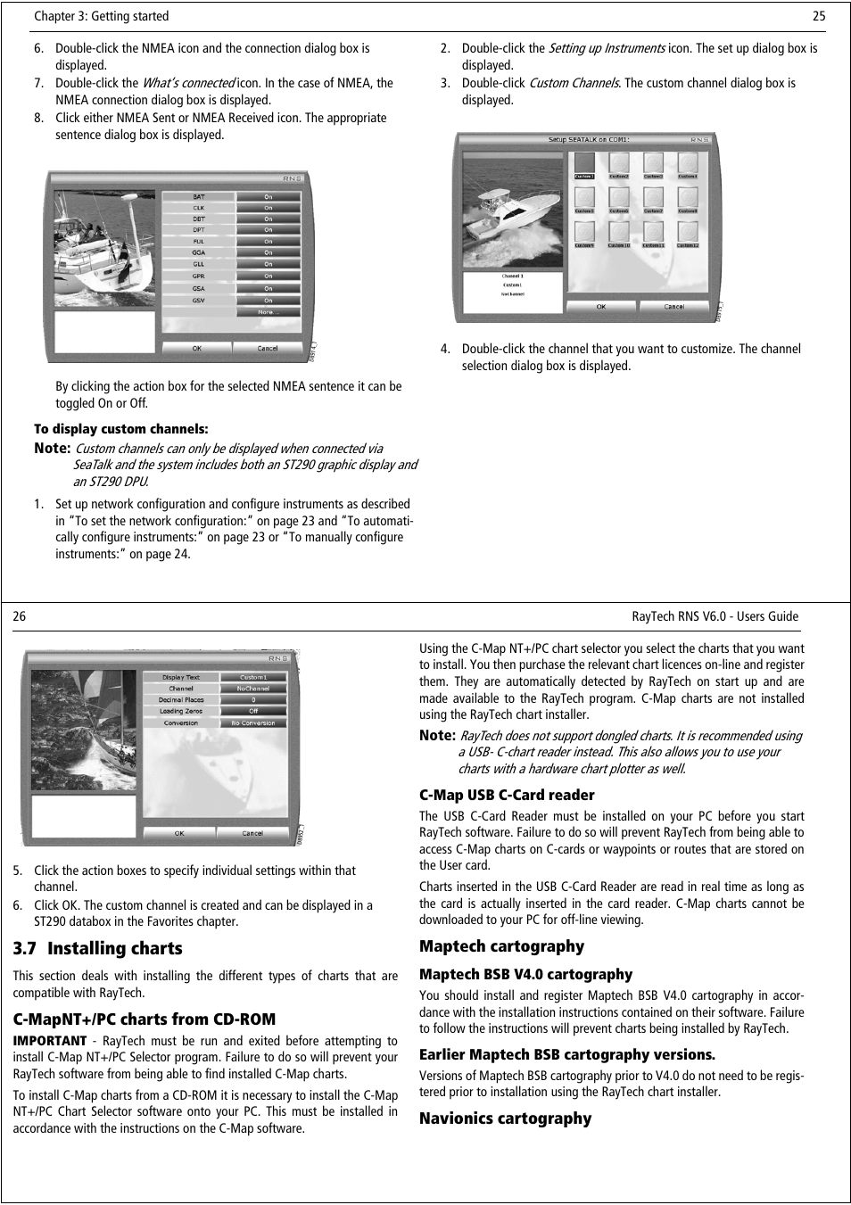 7 installing charts, C-mapnt+/pc charts from cd-rom, Maptech cartography | Navionics cartography | Raymarine Pathfinder User Manual | Page 18 / 111