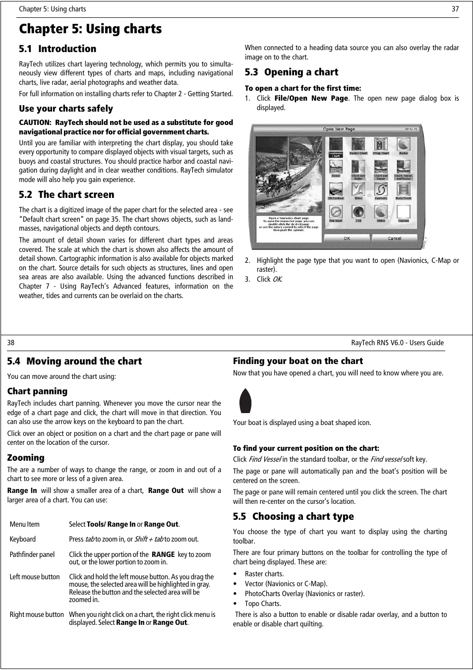 Chapter 5: using charts, 1 introduction, 2 the chart screen | 3 opening a chart, 4 moving around the chart, 5 choosing a chart type | Raymarine Pathfinder User Manual | Page 24 / 111