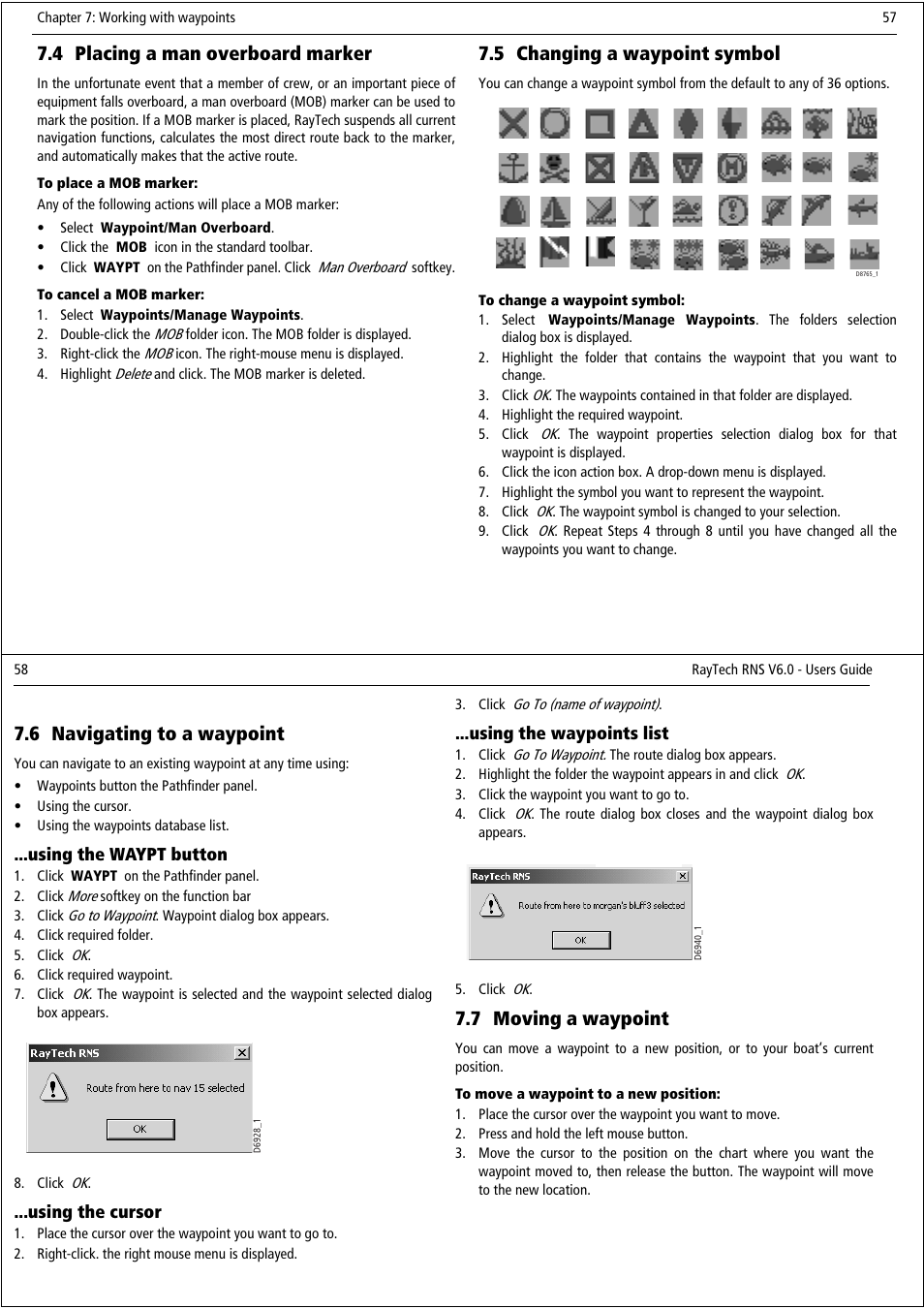 4 placing a man overboard marker, 5 changing a waypoint symbol, 6 navigating to a waypoint | 7 moving a waypoint | Raymarine Pathfinder User Manual | Page 34 / 111