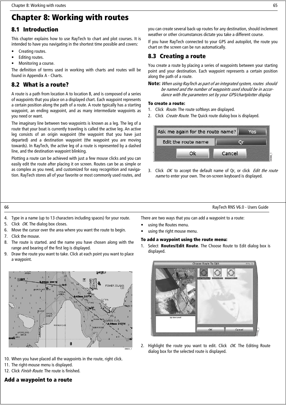 Chapter 8: working with routes, 1 introduction, 2 what is a route | 3 creating a route | Raymarine Pathfinder User Manual | Page 38 / 111