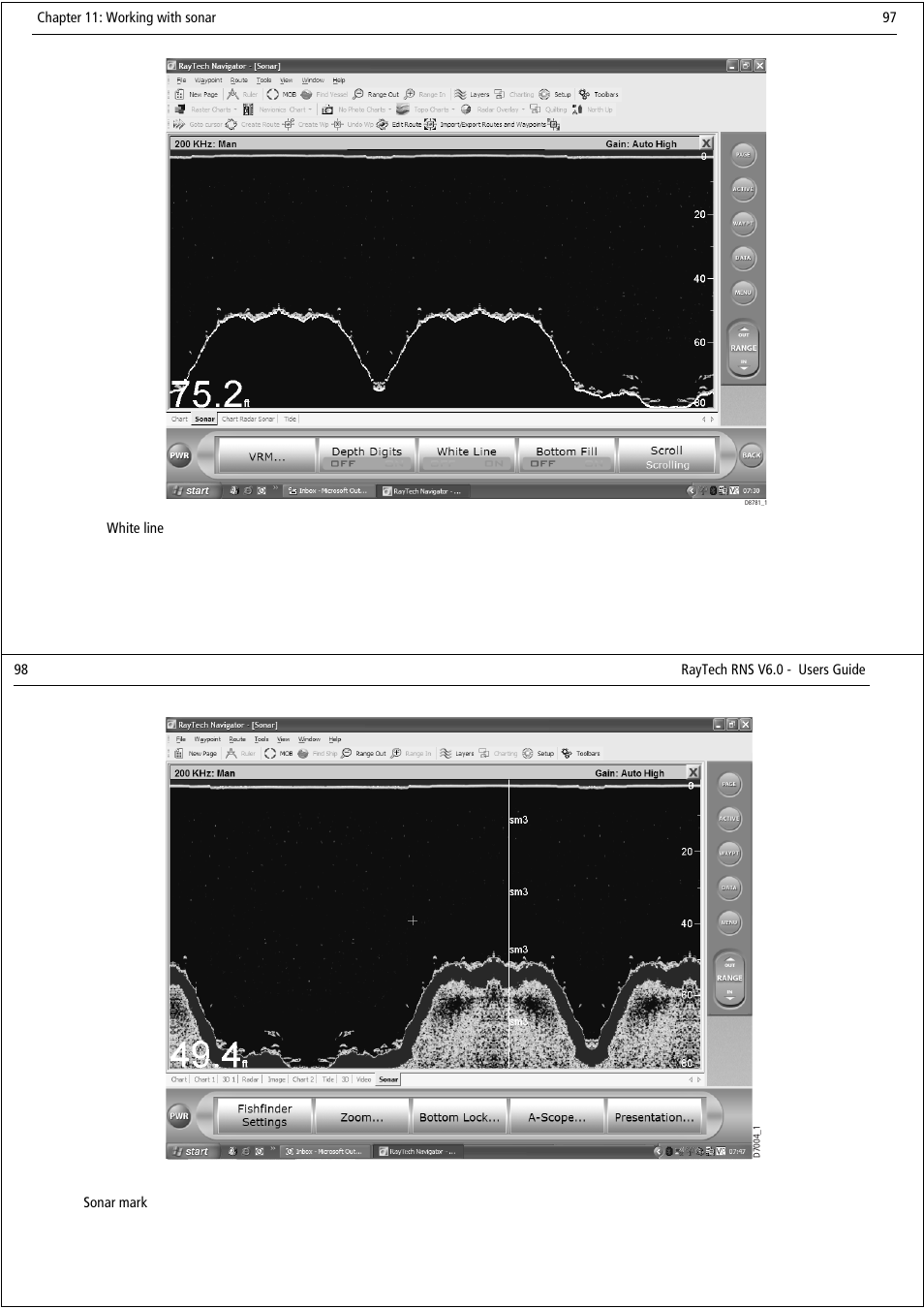 Chapter 11: working with sonar 97, White line, 98 raytech rns v6.0 - users guide | Sonar mark | Raymarine Pathfinder User Manual | Page 54 / 111