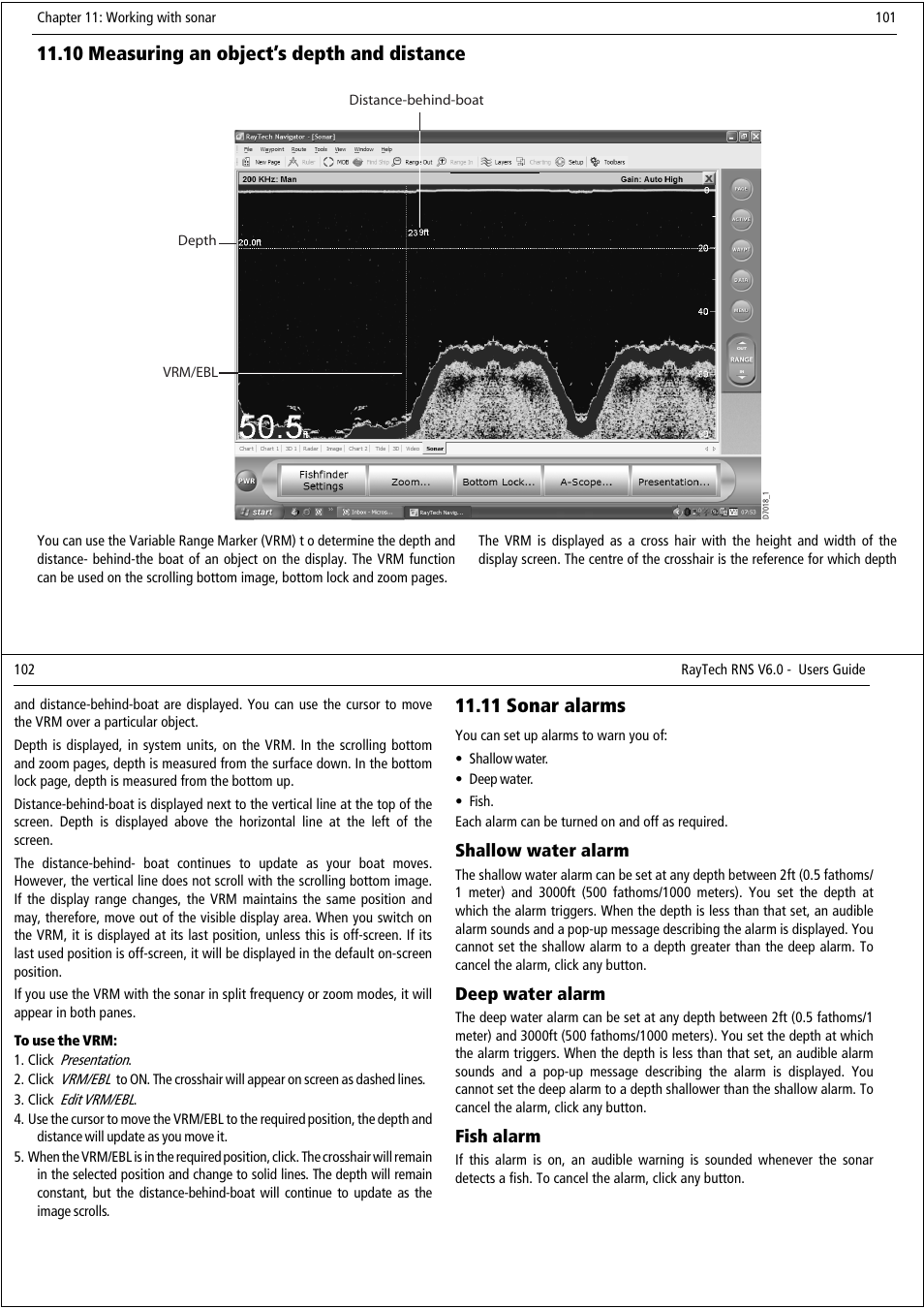 10 measuring an object’s depth and distance, 11 sonar alarms | Raymarine Pathfinder User Manual | Page 56 / 111