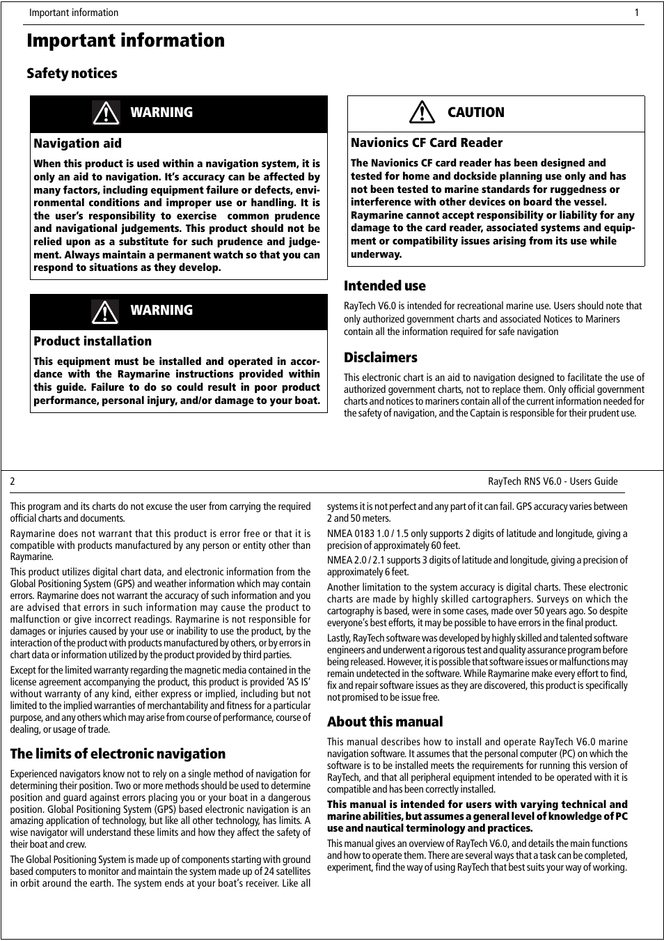 Important information, Safety notices, Intended use | Disclaimers, Warning, Caution, The limits of electronic navigation, About this manual | Raymarine Pathfinder User Manual | Page 6 / 111
