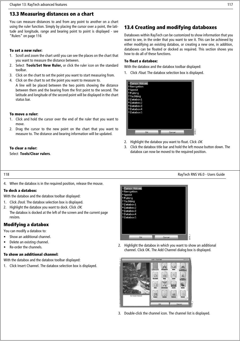 3 measuring distances on a chart, 4 creating and modifying databoxes, Modifying a databox | Raymarine Pathfinder User Manual | Page 64 / 111