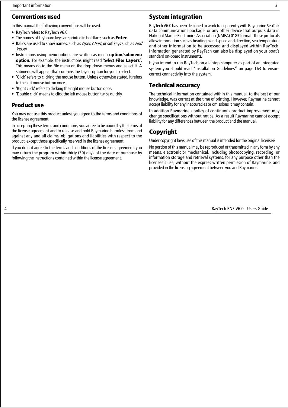 Conventions used, Product use, System integration | Technical accuracy, Copyright | Raymarine Pathfinder User Manual | Page 7 / 111