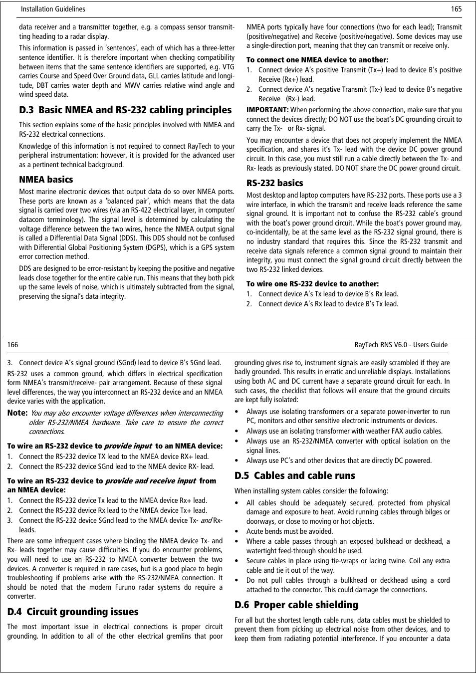 D.3 basic nmea and rs-232 cabling principles, D.4 circuit grounding issues, D.5 cables and cable runs | D.6 proper cable shielding | Raymarine Pathfinder User Manual | Page 88 / 111