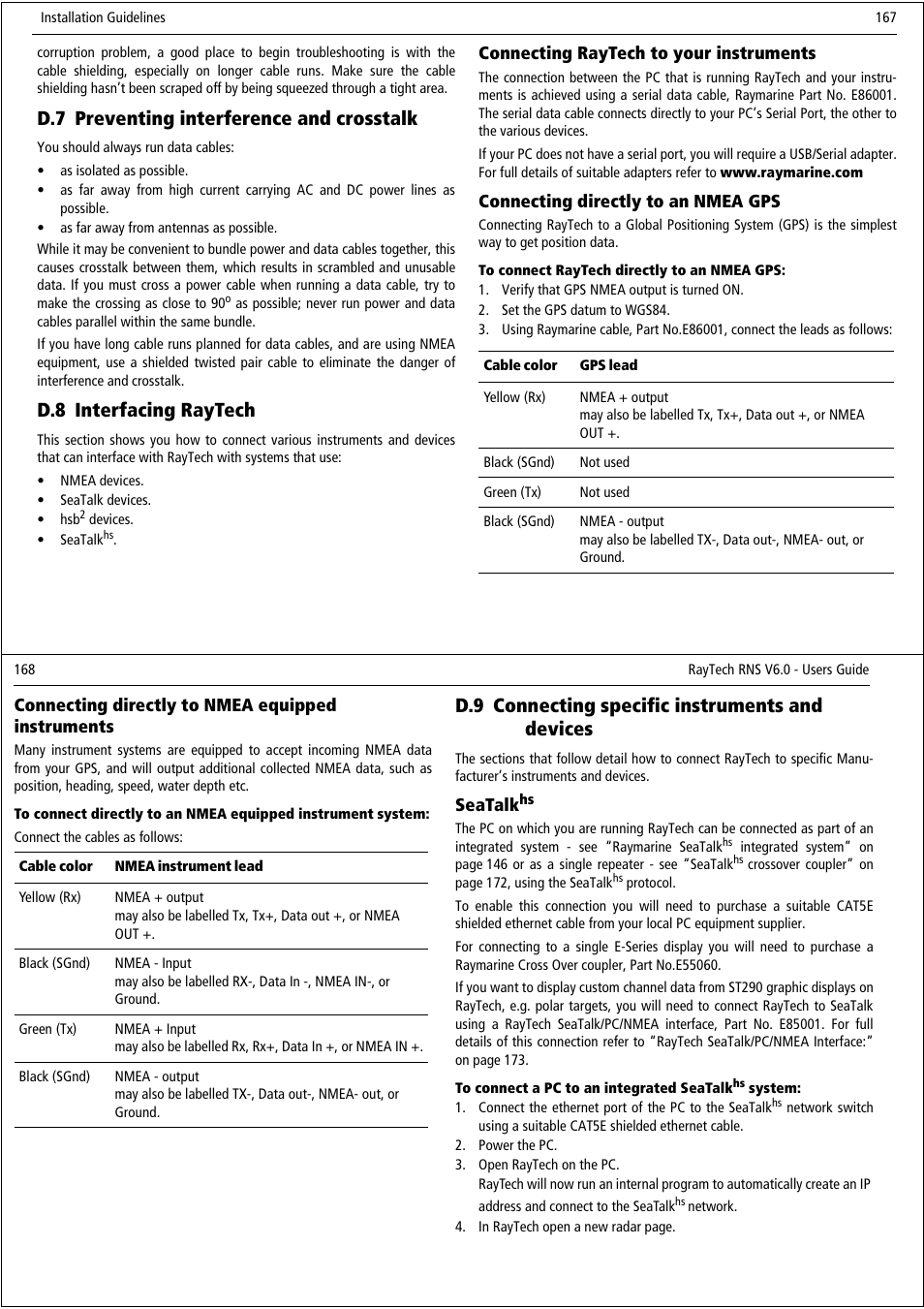 D.7 preventing interference and crosstalk, D.8 interfacing raytech, D.9 connecting specific instruments and devices | Raymarine Pathfinder User Manual | Page 89 / 111