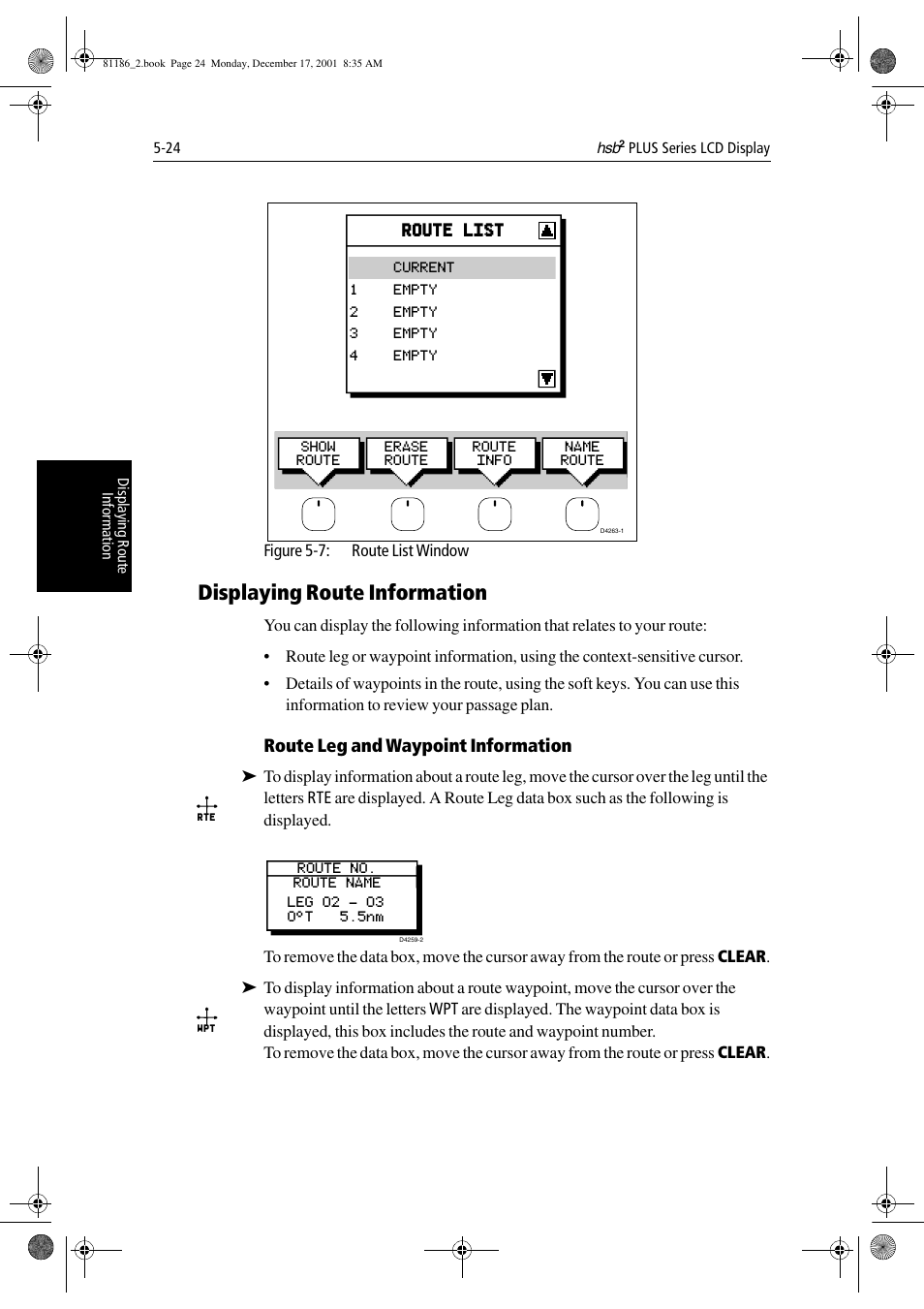 Displaying route information, Route leg and waypoint information | Raymarine Pathfinder Radar User Manual | Page 124 / 244