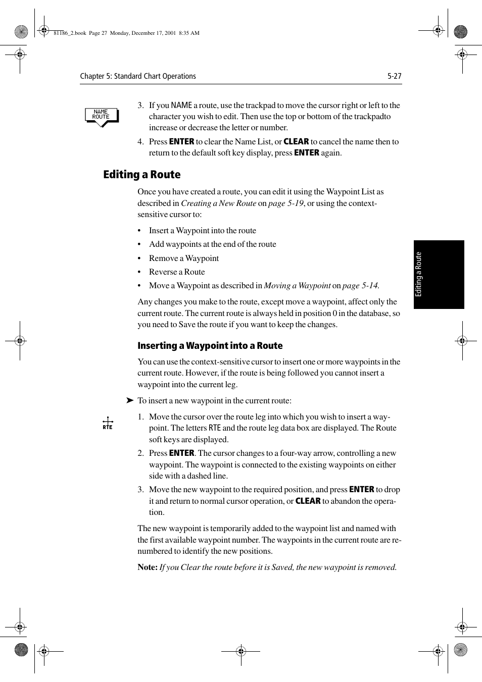 Editing a route, Inserting a waypoint into a route | Raymarine Pathfinder Radar User Manual | Page 127 / 244