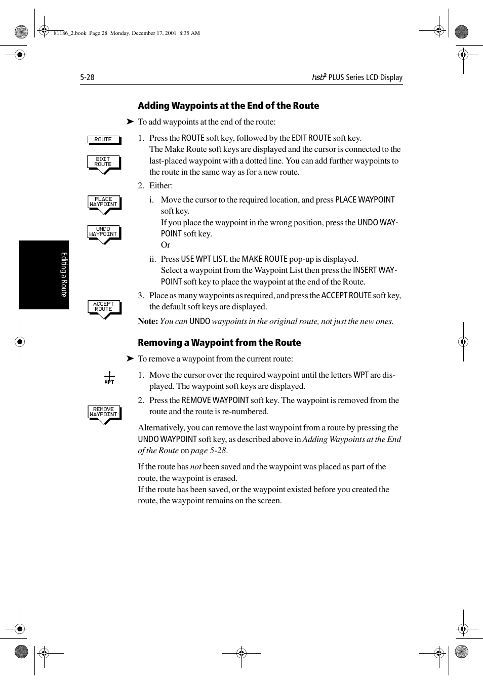 Adding waypoints at the end of the route, Removing a waypoint from the route | Raymarine Pathfinder Radar User Manual | Page 128 / 244