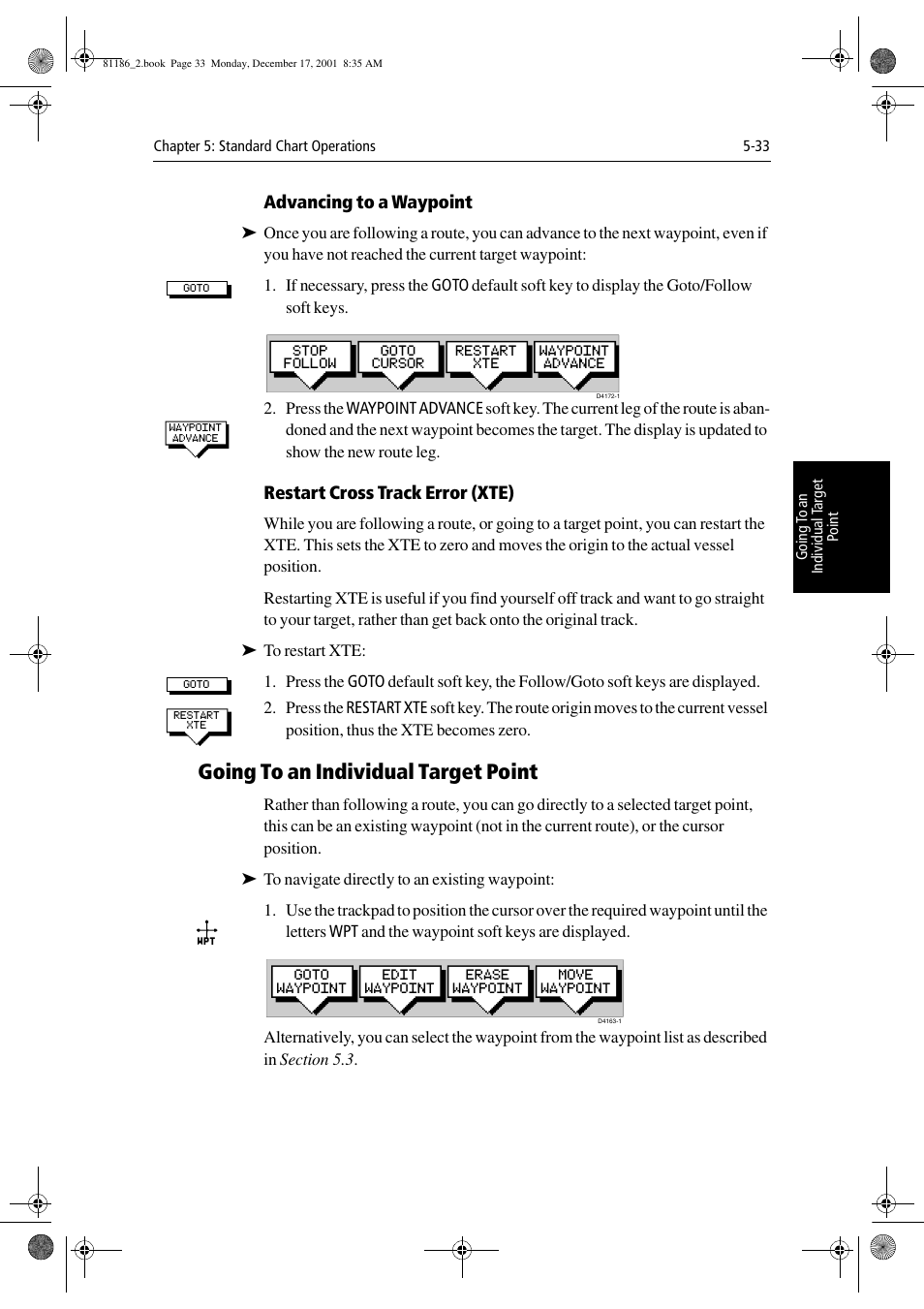 Advancing to a waypoint, Restart cross track error (xte), Going to an individual target point | Raymarine Pathfinder Radar User Manual | Page 133 / 244