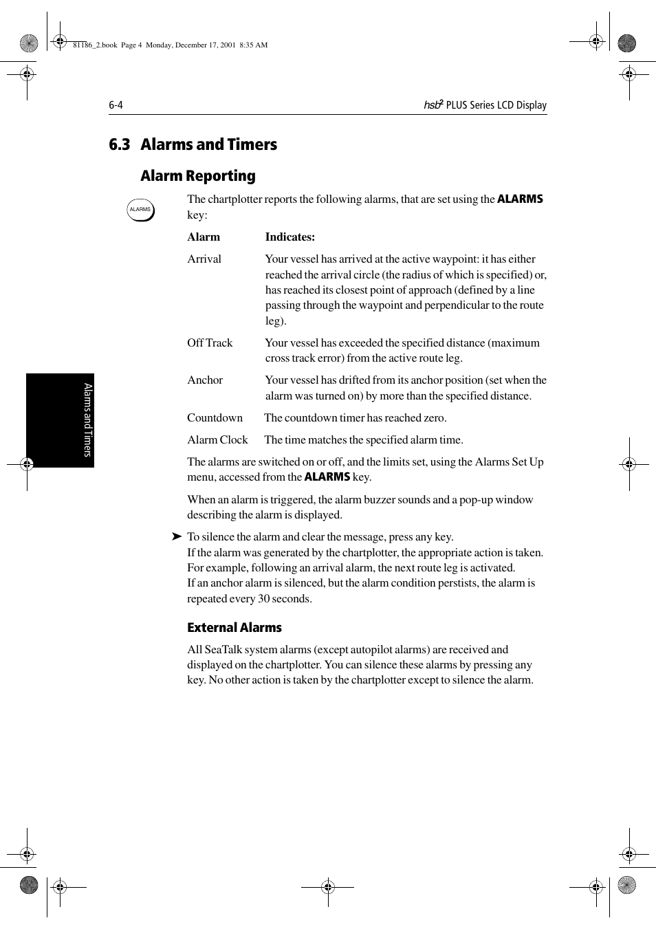 3 alarms and timers, Alarm reporting, External alarms | Raymarine Pathfinder Radar User Manual | Page 146 / 244