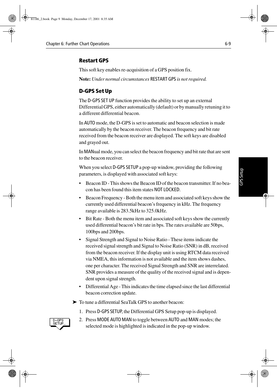 Restart gps, D-gps set up | Raymarine Pathfinder Radar User Manual | Page 151 / 244