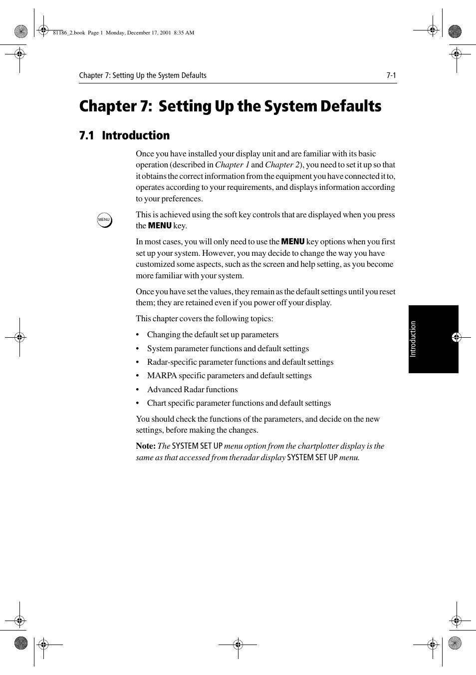 Chapter 7: setting up the system defaults, 1 introduction, Chapter 7 | Setting up the system defaults, And chapter 7 | Raymarine Pathfinder Radar User Manual | Page 155 / 244