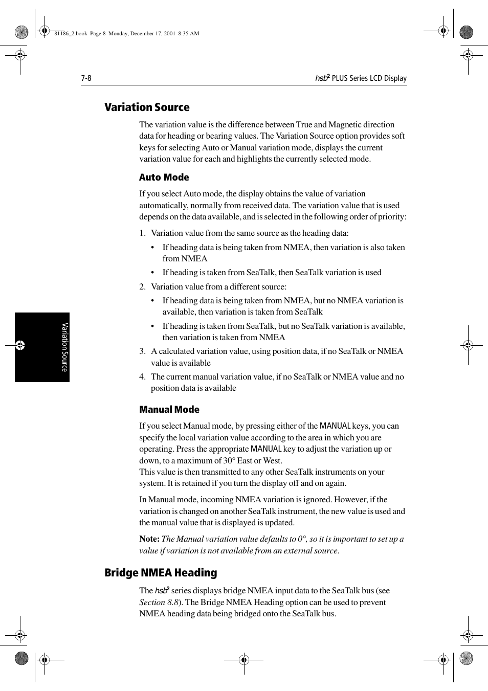 Variation source, Manual mode, Bridge nmea heading | Raymarine Pathfinder Radar User Manual | Page 162 / 244