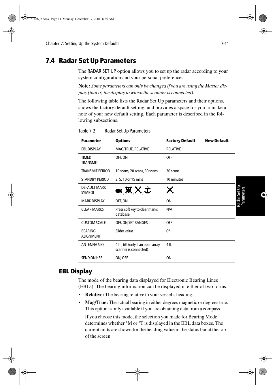4 radar set up parameters, Ebl display | Raymarine Pathfinder Radar User Manual | Page 165 / 244