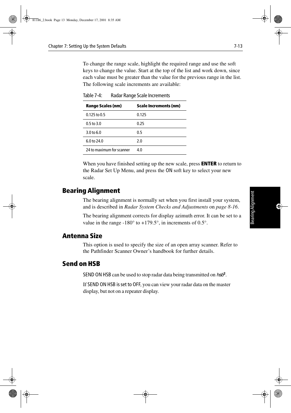 Bearing alignment, Antenna size, Send on hsb | Raymarine Pathfinder Radar User Manual | Page 167 / 244
