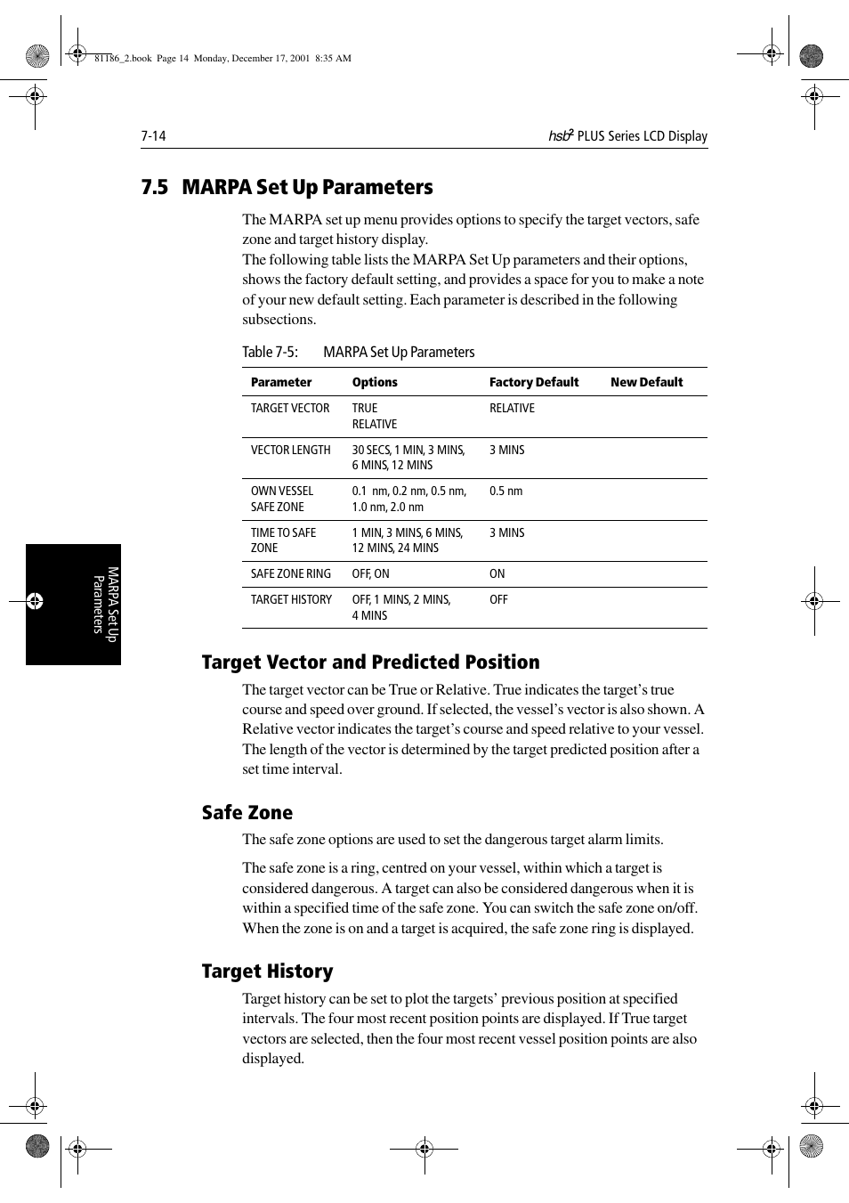 5 marpa set up parameters, Target vector and predicted position, Safe zone | Target history | Raymarine Pathfinder Radar User Manual | Page 168 / 244