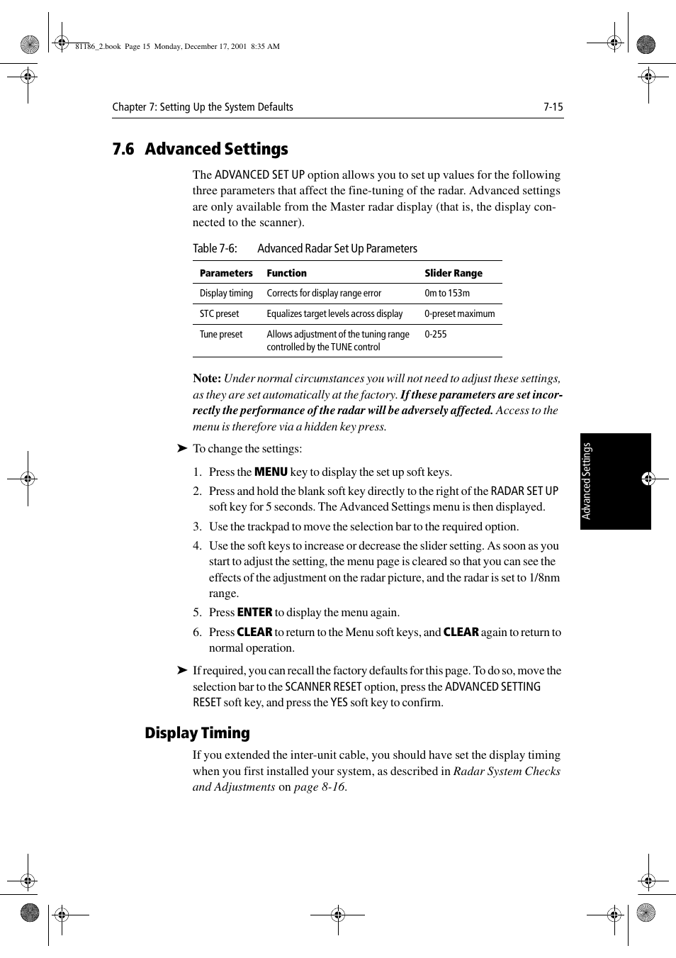 6 advanced settings, Display timing | Raymarine Pathfinder Radar User Manual | Page 169 / 244