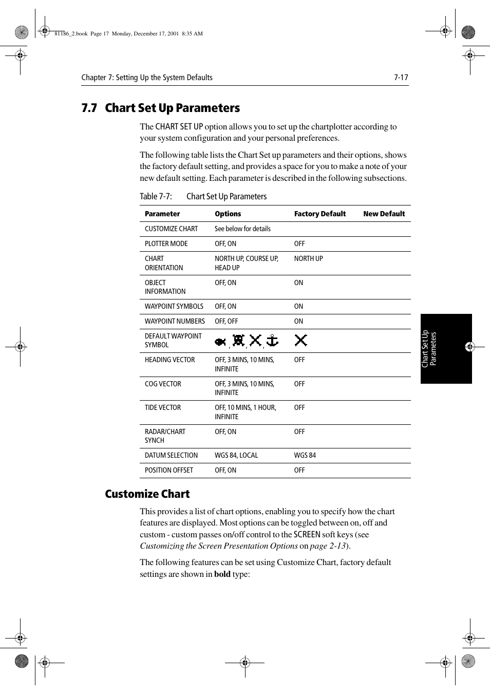 7 chart set up parameters, Customize chart | Raymarine Pathfinder Radar User Manual | Page 171 / 244