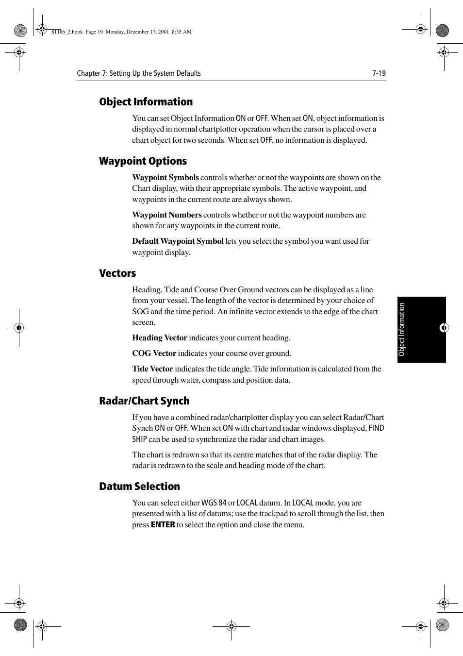 Object information, Waypoint options, Vectors | Radar/chart synch, Datum selection | Raymarine Pathfinder Radar User Manual | Page 173 / 244