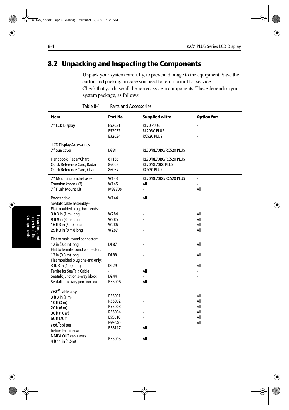 2 unpacking and inspecting the components, Section 8.2 to, Section 8.2 | Raymarine Pathfinder Radar User Manual | Page 178 / 244