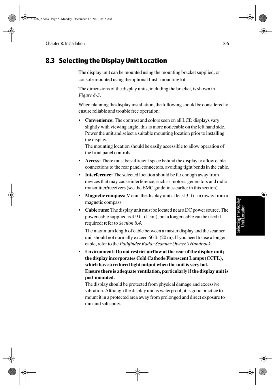 3 selecting the display unit location, Section 8.3 | Raymarine Pathfinder Radar User Manual | Page 179 / 244