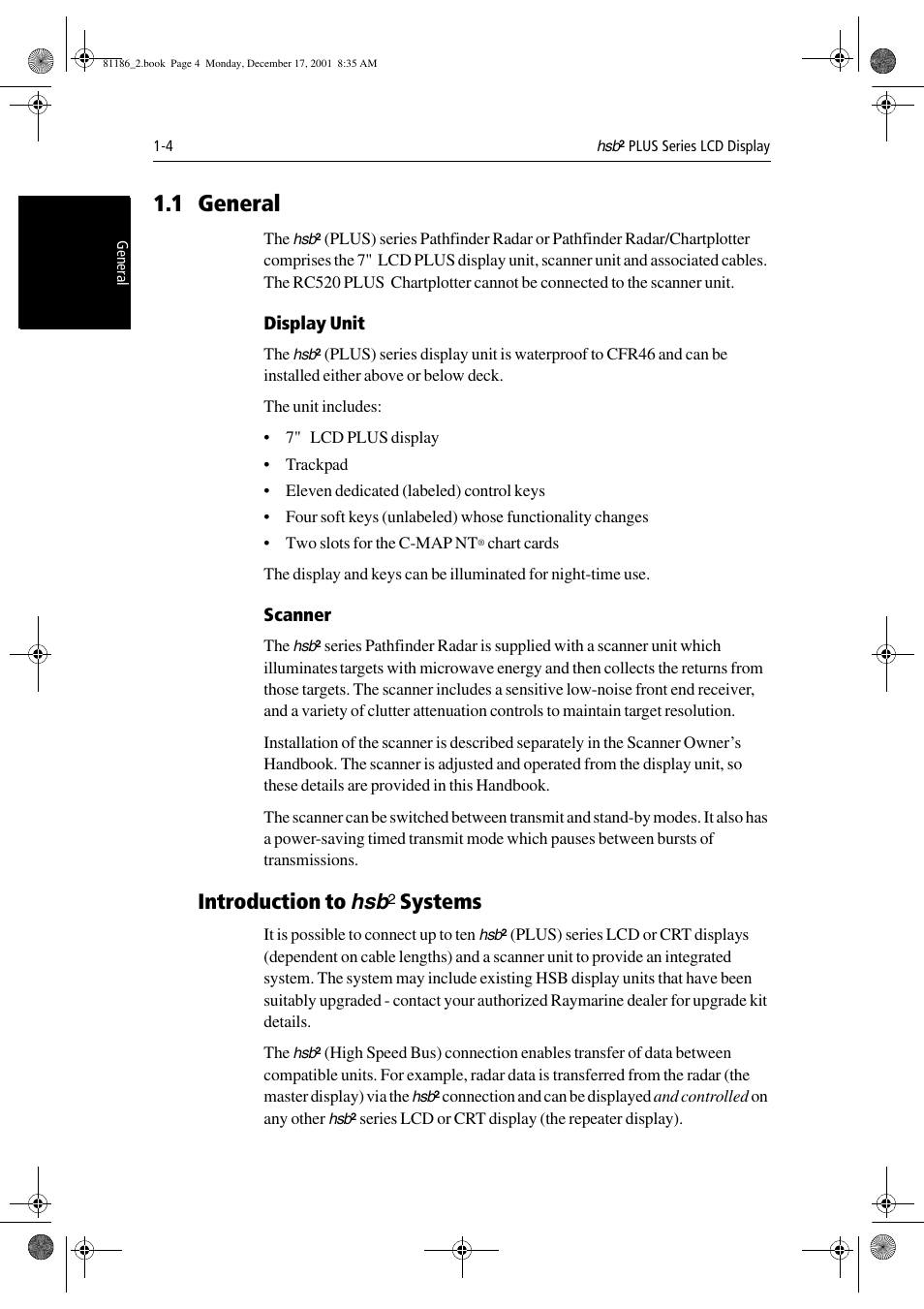 1 general, Display unit, Scanner | Introduction to hsb2 systems, Introduction to hsb, Systems | Raymarine Pathfinder Radar User Manual | Page 18 / 244