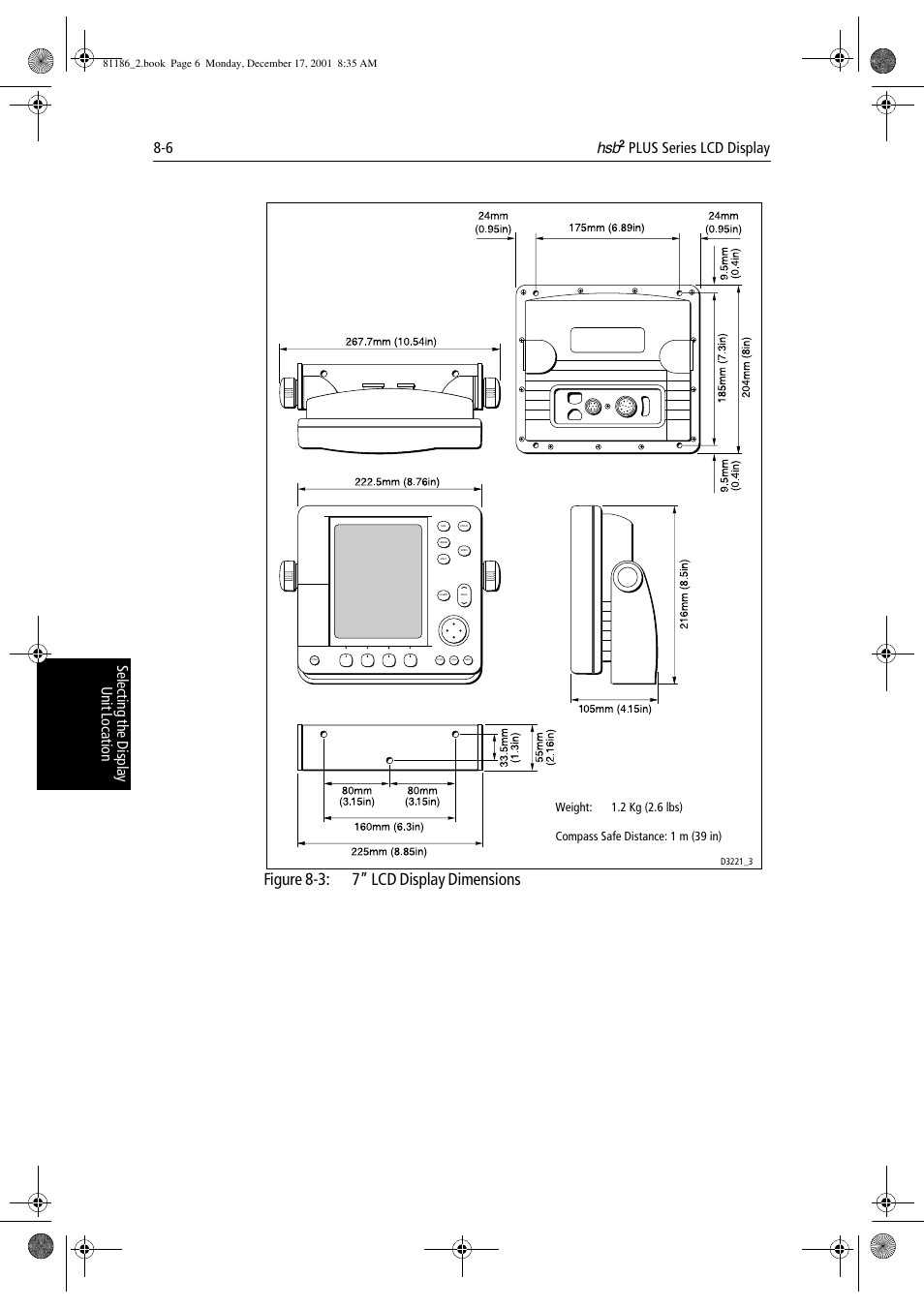 Figure 8-3: 7” lcd display dimensions | Raymarine Pathfinder Radar User Manual | Page 180 / 244