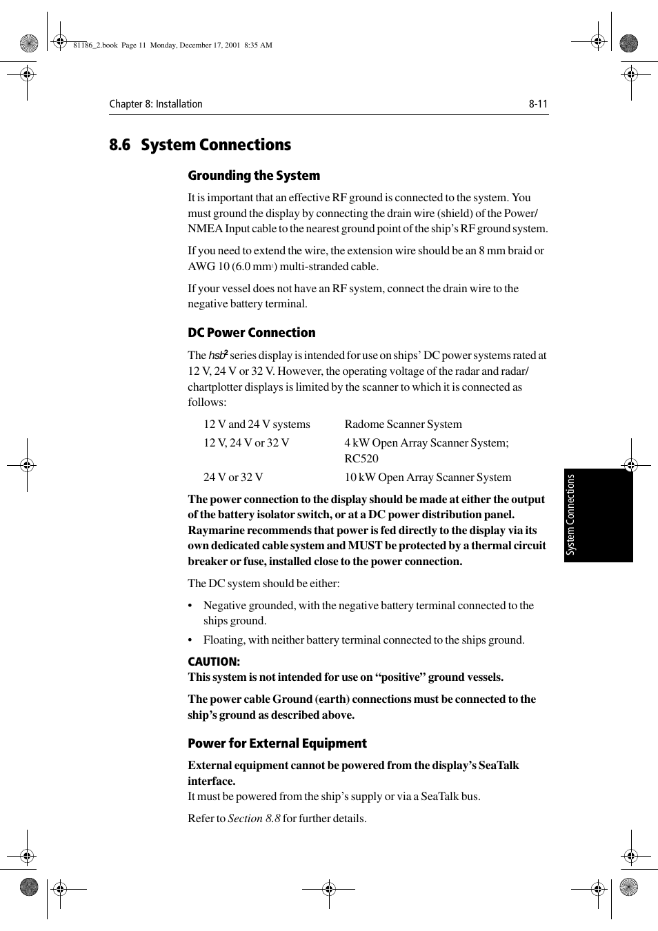 6 system connections, Grounding the system, Dc power connection | Power for external equipment, Section 8.6 | Raymarine Pathfinder Radar User Manual | Page 185 / 244