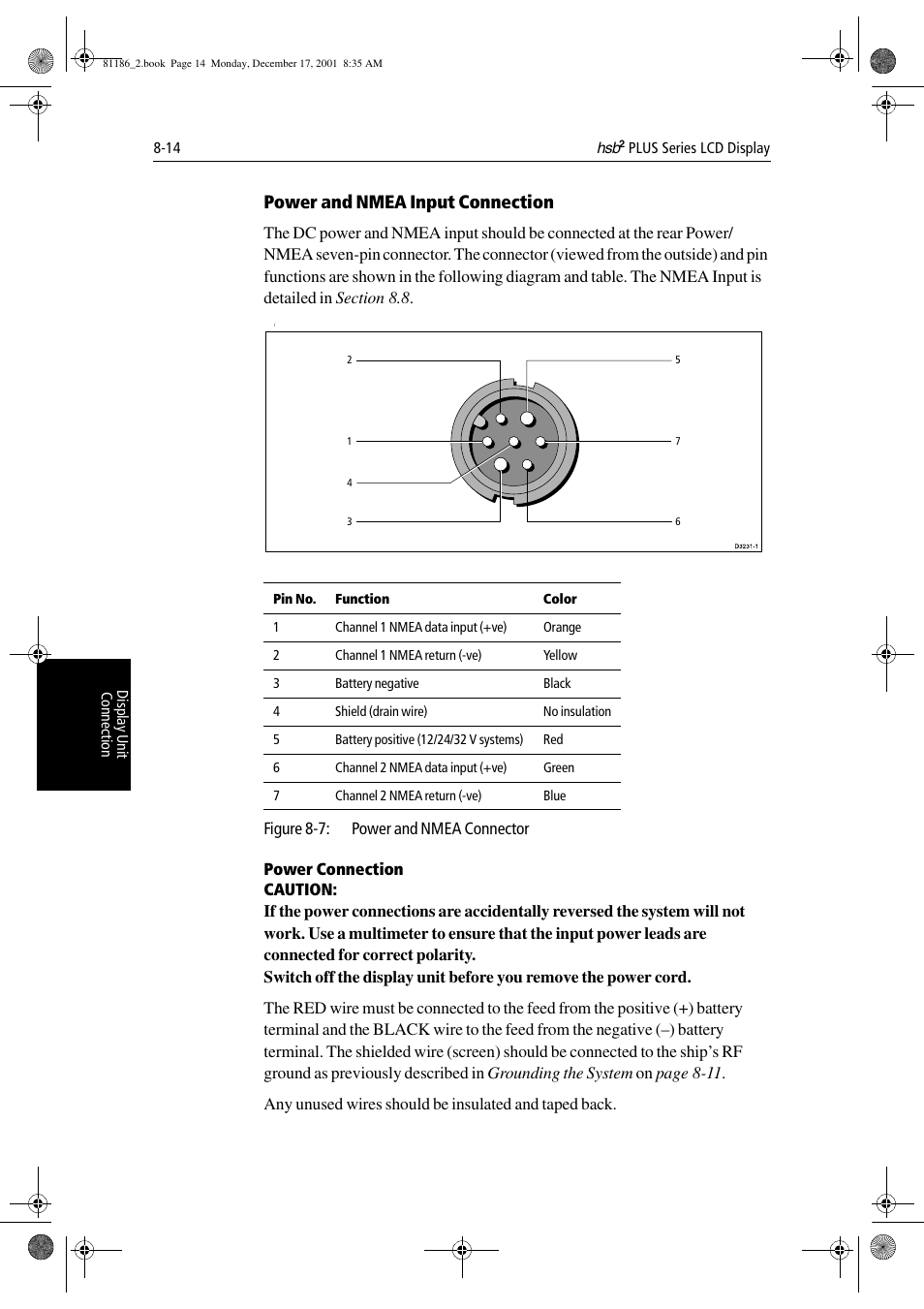 Power and nmea input connection, Power connection | Raymarine Pathfinder Radar User Manual | Page 188 / 244