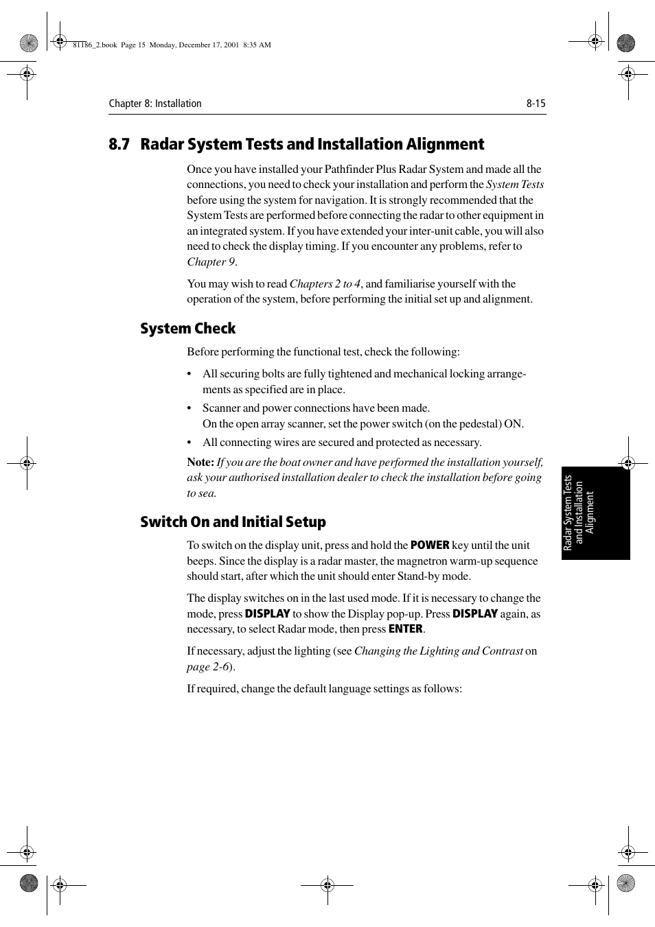 7 radar system tests and installation alignment, System check, Switch on and initial setup | Section 8.7 | Raymarine Pathfinder Radar User Manual | Page 189 / 244