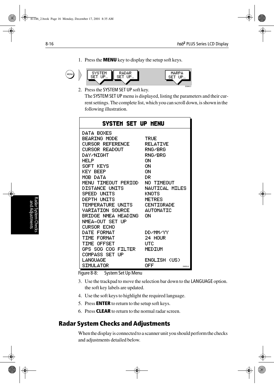 Radar system checks and adjustments, System set up menu | Raymarine Pathfinder Radar User Manual | Page 190 / 244