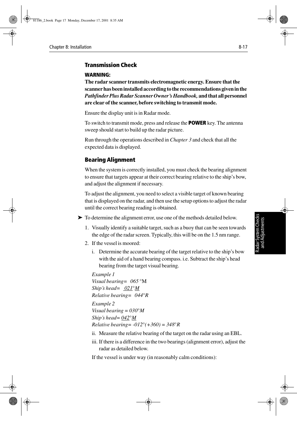 Transmission check, Bearing alignment | Raymarine Pathfinder Radar User Manual | Page 191 / 244