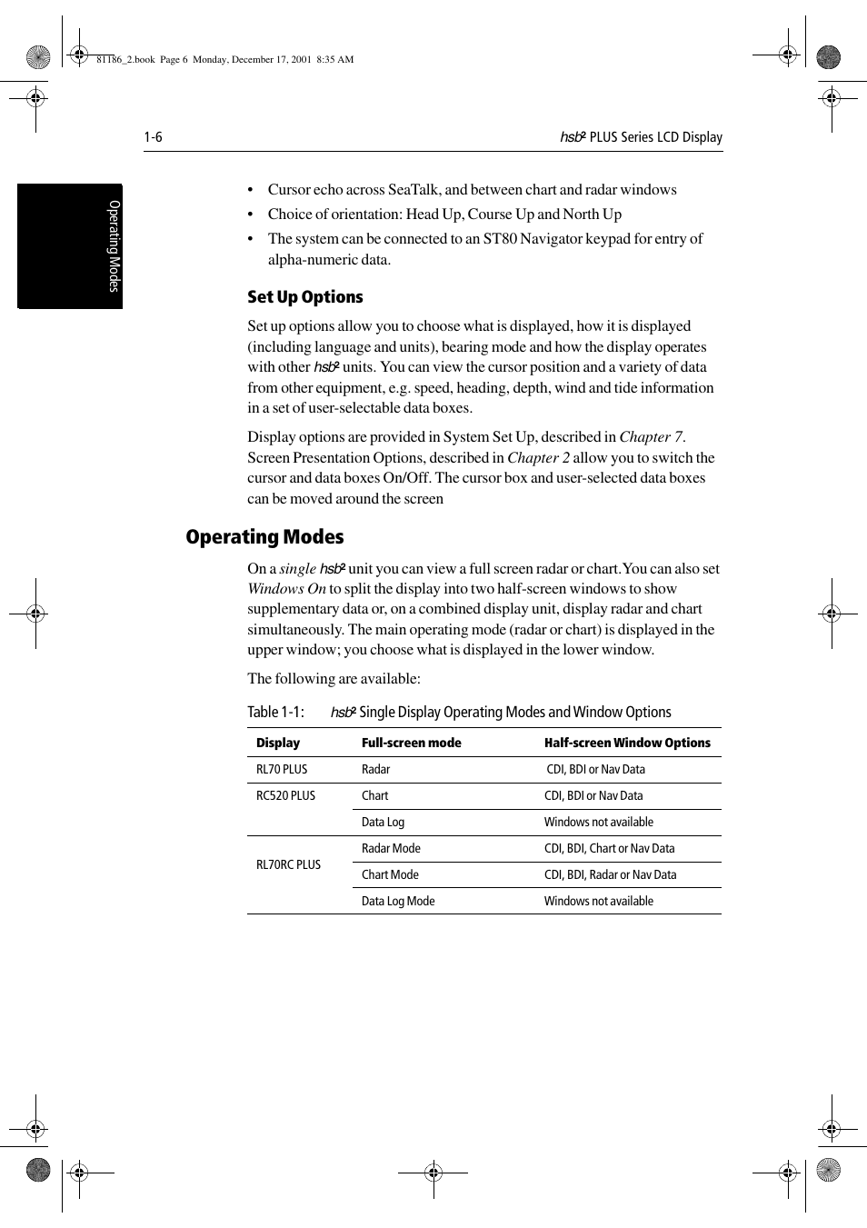 Set up options, Operating modes | Raymarine Pathfinder Radar User Manual | Page 20 / 244