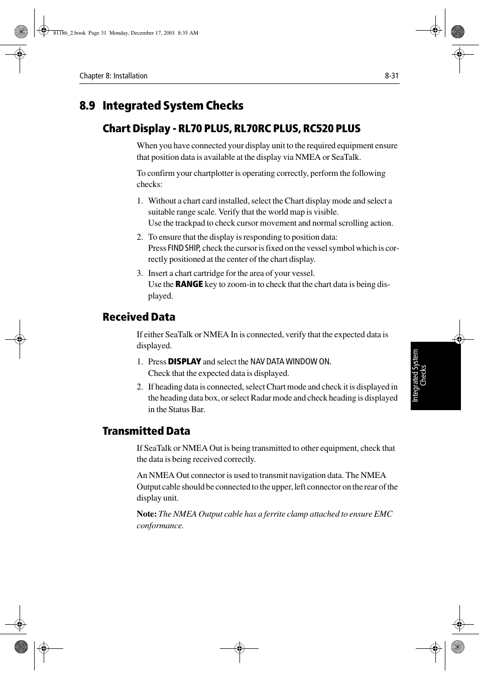 9 integrated system checks, Chart display - rl70 plus, rl70rc plus, rc520 plus, Received data | Transmitted data, Section 8.9 | Raymarine Pathfinder Radar User Manual | Page 205 / 244